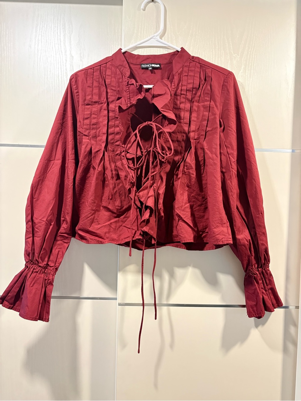 Fashion Nova Burgundy Ruffle Tie-Front Blouse